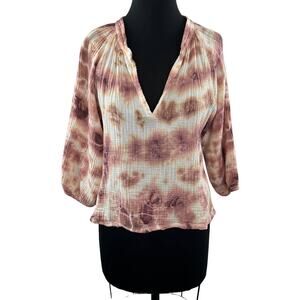 Nation LTD HARTLY Brown XS Tie Dye Mimi Romance Top Cotton V-Neck 3/4 Sleeve